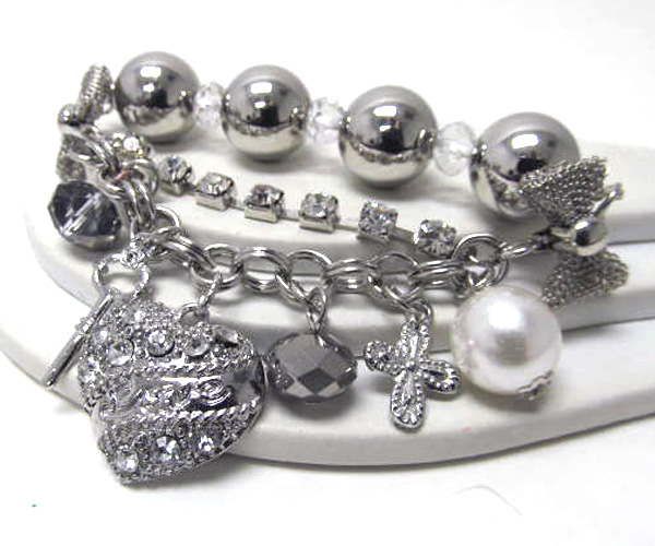 Crystal heart and mixed charm metal ball stretch bracelet