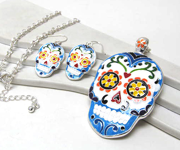 Metal skull colorful art design long chain necklace earring set  