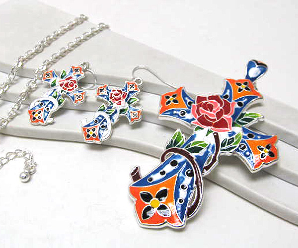 Metal cross colorful flower art design long chain necklace earring set