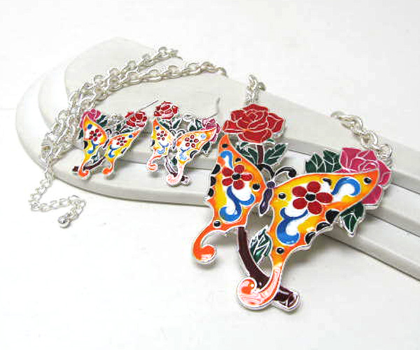 Metal butterfly colorful roses art design long chain necklace earring set