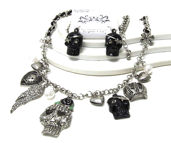 Crystal skull wing crown and pearl dangle chain braided cord necklace earring set