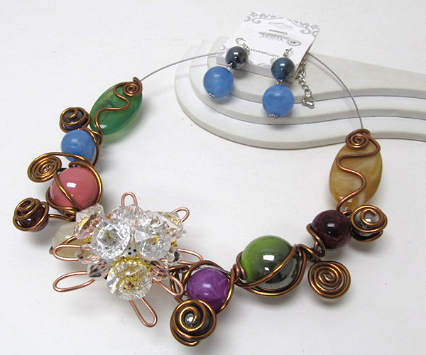 Natural murano glass shape and center glass wire metal flower with wire art link necklace earring set