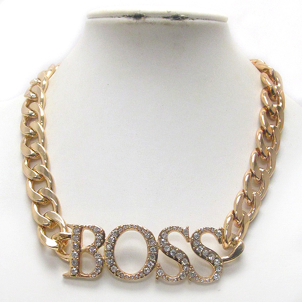 Crystal deco boss and thick chain necklace