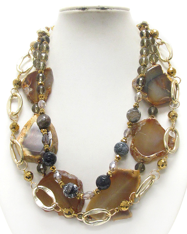 Multi layered natural stone and shell link necklace earring set