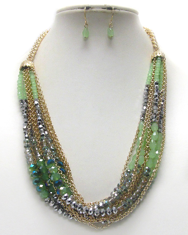 Multi layered glass bead and chain link necklace earring set