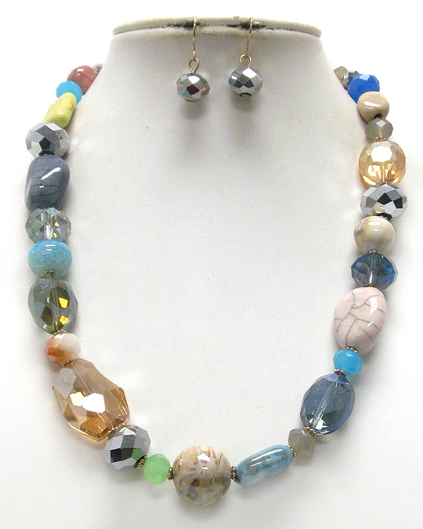 Multi glass bead and natural stone link necklace earring set