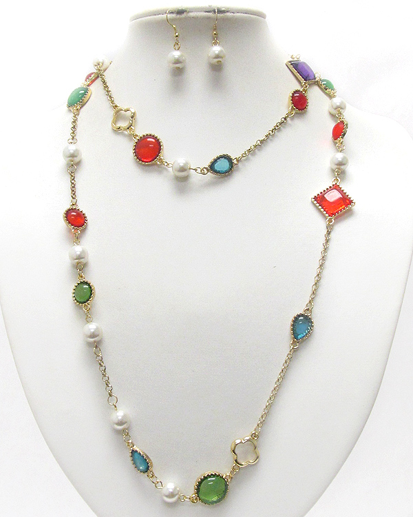 Multi color acrylic stone and fresh water pearl link long necklace earring set