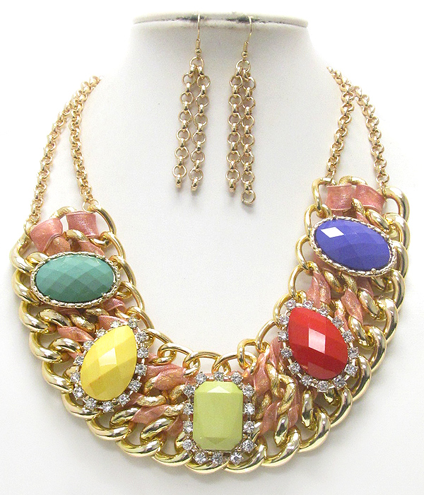 Multi shape acrylic stone and crystal deco on metal chain necklace earring set