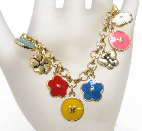 Multi color epoxy deco flower and butterfly charm bracelet