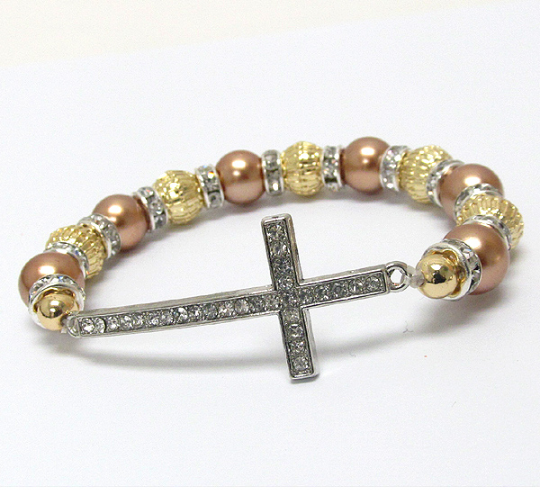 Crystal cross and multi pearl and rondelle link stretch bracelet