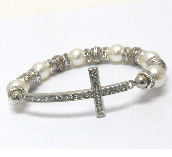 Crystal cross and multi pearl and rondelle link stretch bracelet