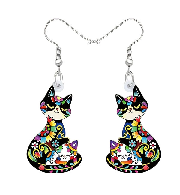Vibrant floral cat earrings with playful whimsical design