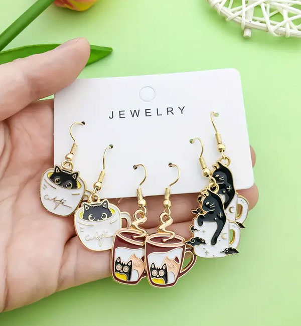 3 pair adorable cat-in-cup earrings with playful coffee theme