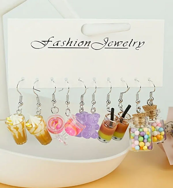 5 pair playful drink and candy earrings set with colors