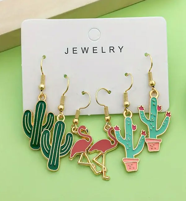 3 pair colorful cactus and flamingo earrings for tropical vibes