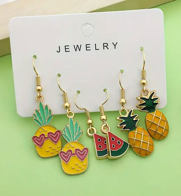 3 pair tropical earrings set with cactus, flamingo, pineapple, watermelon