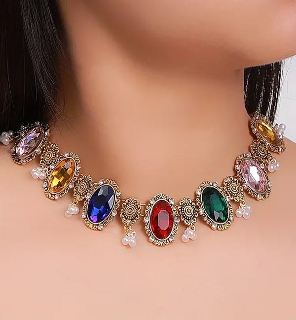 Regal multicolor gemstone choker with pearl accents party set