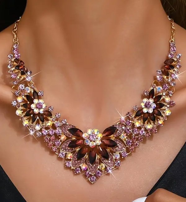 Radiant floral crystal necklace with pink gemstones party set