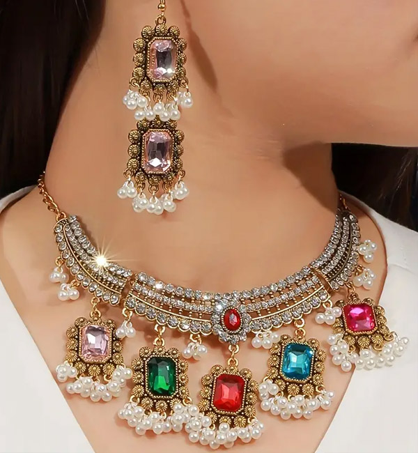 Regal multicolor gemstone necklace with matching statement earrings party set