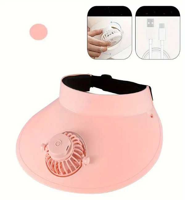 Sun visor with built-in rechargeable fan and adjustable strap for cooling and sun protection