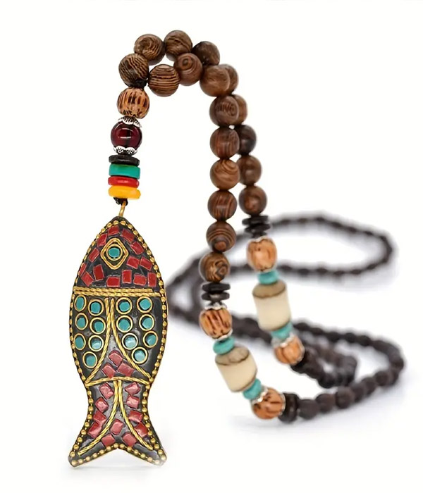 Bohemian fish pendant long vintage ethnic necklace