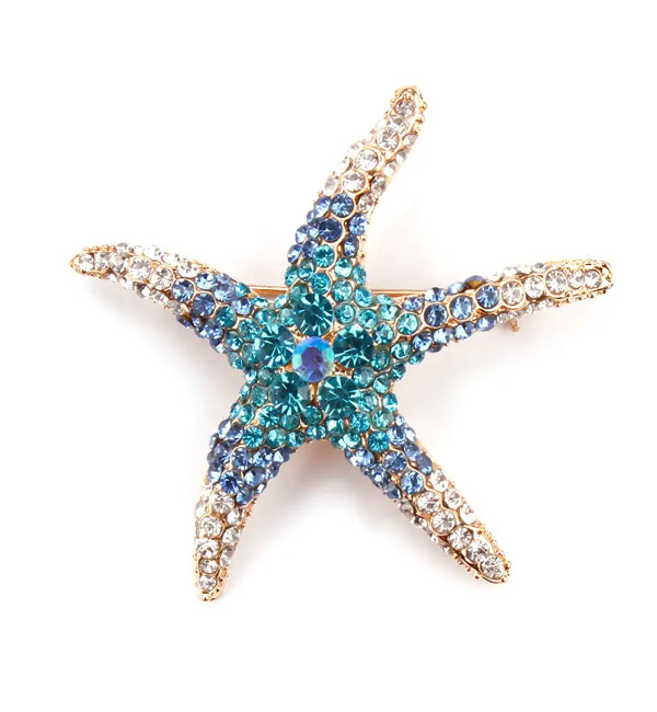 Blue and silver rhinestone starfish brooch, sparkling and elegant