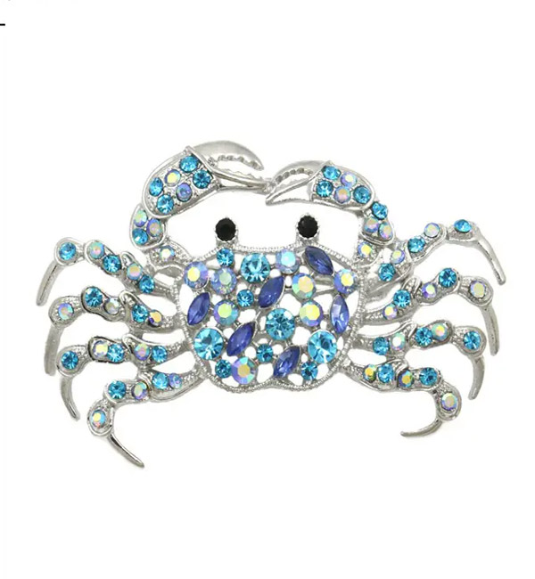Blue rhinestone crab brooch, sparkling and eye-catching accessory