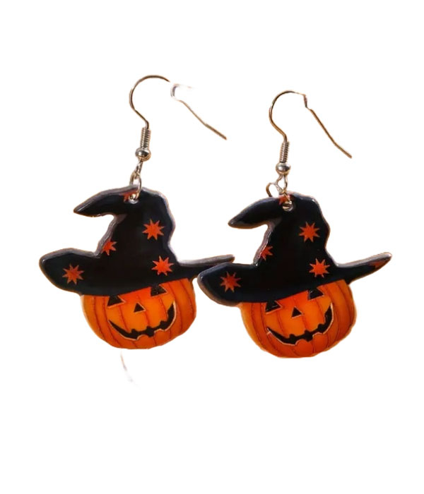 Halloween earrings with jack-o'-lanterns wearing witch hats, festive design