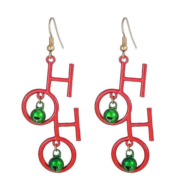 Ho ho ho earrings with green jingle bells, festive design christmas