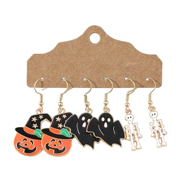 Halloween-themed earrings.  three pairs of earrings: one pair with jack-o'-lanterns