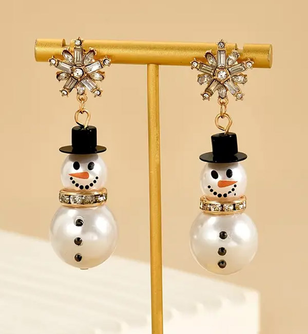 Snowman earrings with pearl bodies and crystal snowflake studs