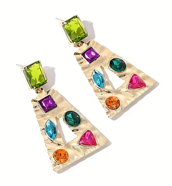Gold geometric earrings with multicolored gemstones, bold and vibrant
