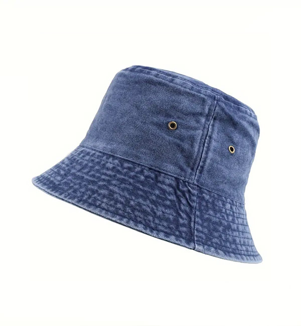 Blue denim bucket hat with ventilation eyelets for casual outdoor wear