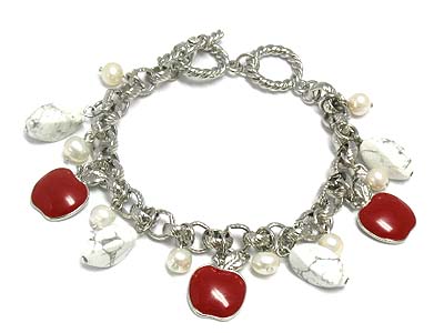 Apple and pearl and imitation stone charm metal band toggle bracelet