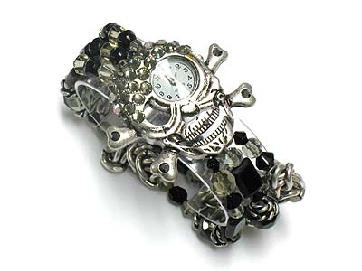 Skull watch with crystal and three stretch bead and metal band