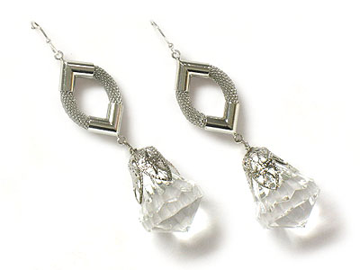 Metal mesh style facet clear ball drop earring