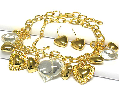 Rock crystal look multi lucite heart charm dangle necklace and earring set - nude fashion trend 