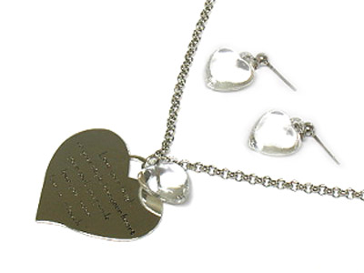 Love message metyal and lucite heart necklace and earring set