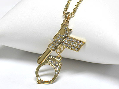 Crystal gun and handcuff peandant necklace