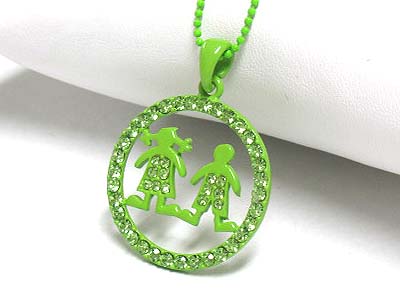 Crystal enameled metal boy and giirl round pendant necklace