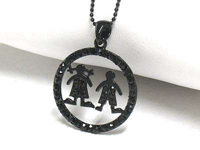 Crystal enameled metal boy and giirl round pendant necklace