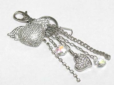 Large crystal heart and tassel drop key chain charm