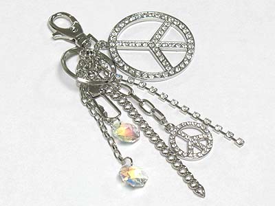 Large crystal peace mark and tassel drop key chain charm