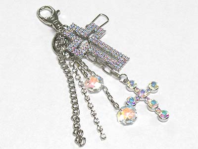 Large crystal cross and tassel drop key chain charm