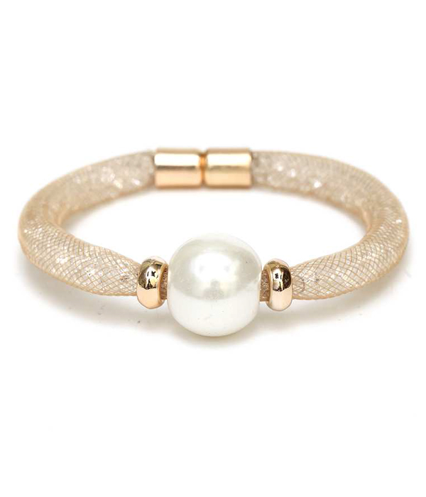 Pearl accent fish net tube band and stone bracelet