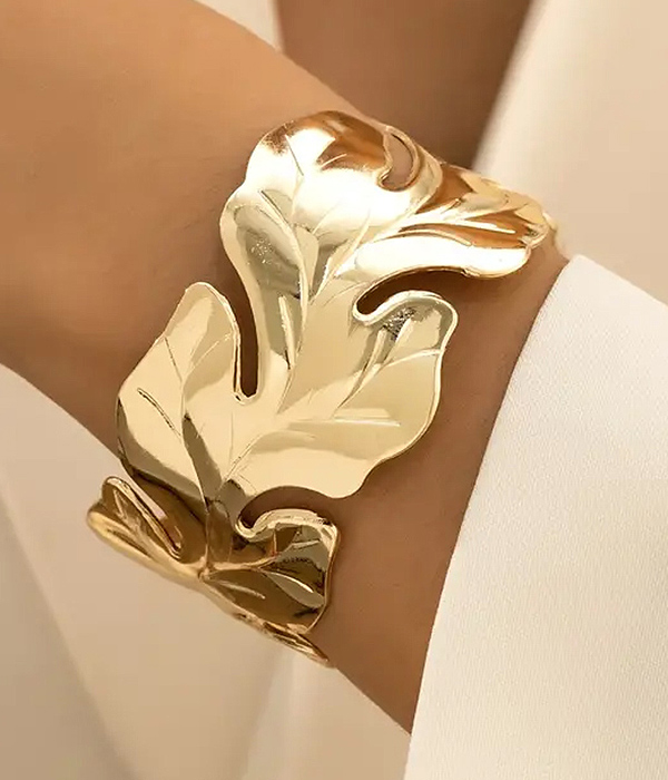 Metal leaf wide bangle bracelet