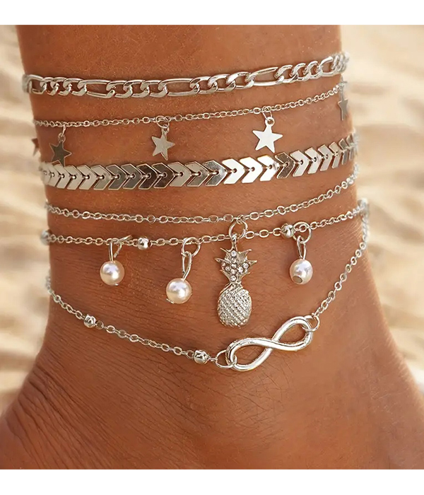 5 piece multi chain anklet set - pineapple