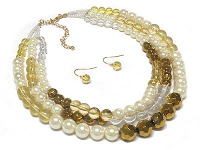 Glass acryl bead and pearl triple line necklace and earring set