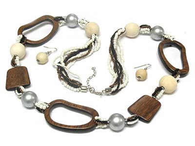 Wood nugget donut and ball multi sead bead link necklace and earring set