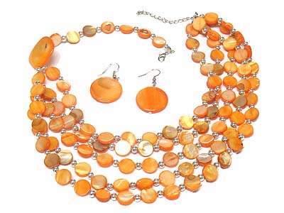 Multi shell disk and lines glamour necklace and earring set 